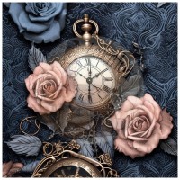 Kunstleder Panel "Steampunk clock and roses" blaugrau- 40x40 cm