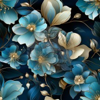 Stoffdruck / Kunstlederdruck "Flowers blue/gold 10" - versch. Materialien