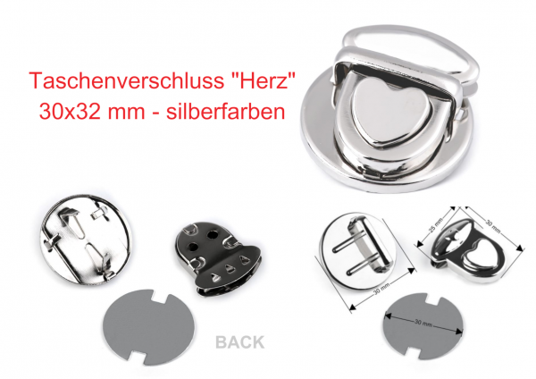 Taschenverschluss "Herz" - silberfarben - 30x22 mm