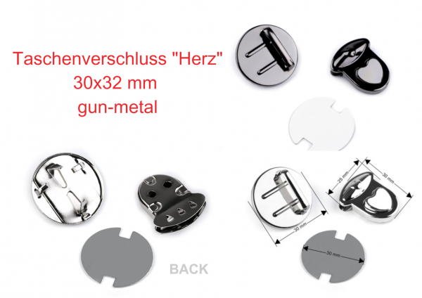 Taschenverschluss "Herz" - gunmetal (schwarz) - 30x22 mm