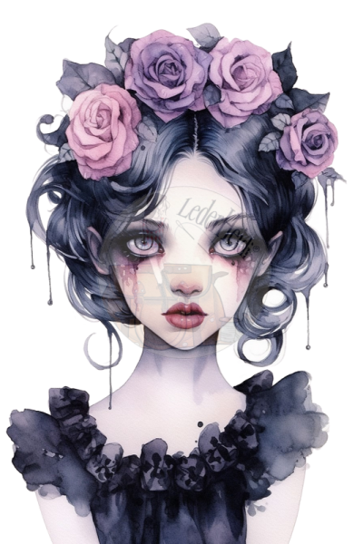 Bügelbilder -"Gothic Girl lila Blumen"- versch. Größen