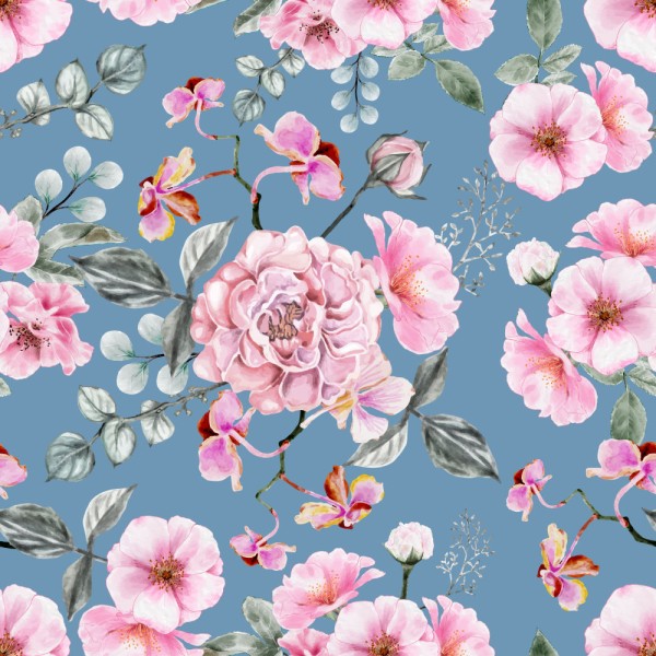 Kunstleder bedruckt - Blumen blau/rosa -Eigenproduktion