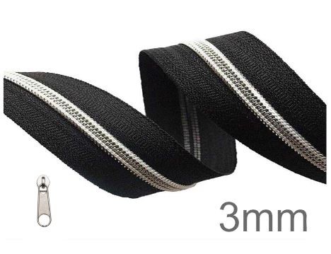 Endlos-Reissverschluss schwarz/silber- metallisiert - 3mm - inkl. 4 Zipper