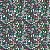 Baumwoll - Popeline "Flowers" - dunkelgrün/braun/fuchsia