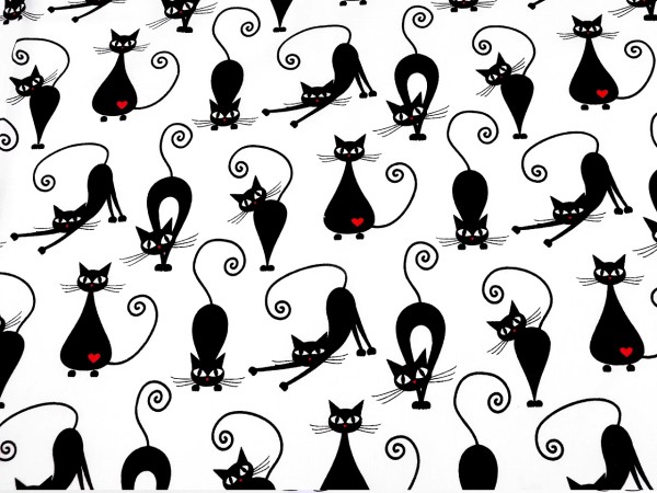 Baumwoll - Webware "Katzen mit Herz" - weiss/schwarz