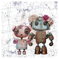 Kunstleder Panel - "Shabby Chic Robot" - 19x19 cm - Motiv 4