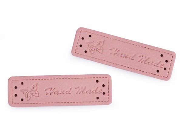 Label aus Kunstleder "Hand Made" - rosa - 15x50 mm (5 Stück)